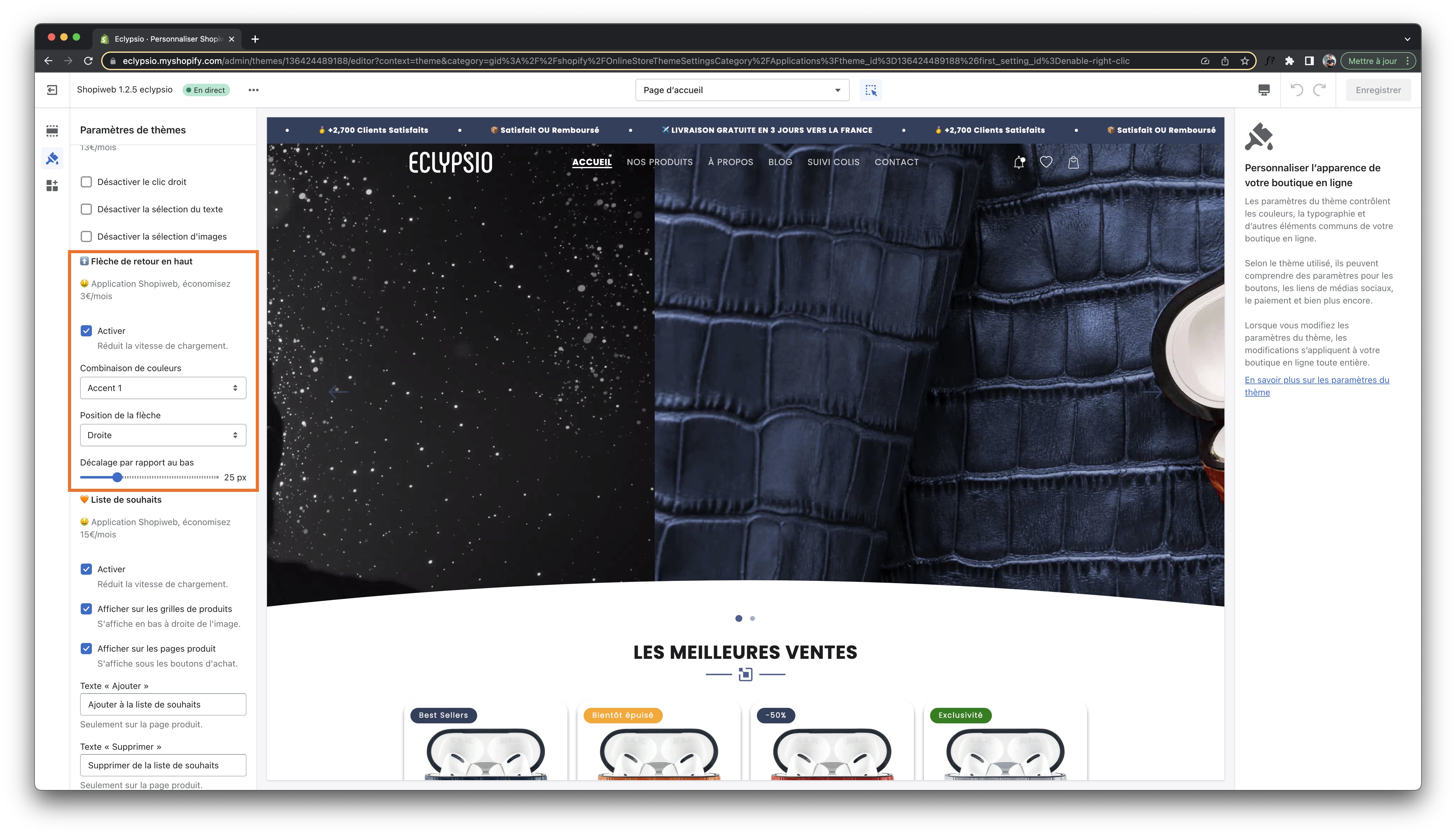 Capture d'écran de la dernière étape pour personnaliser l'application de flèche de retour en haut sur une boutique shopify qui utilise le thème français SHOPIWEB