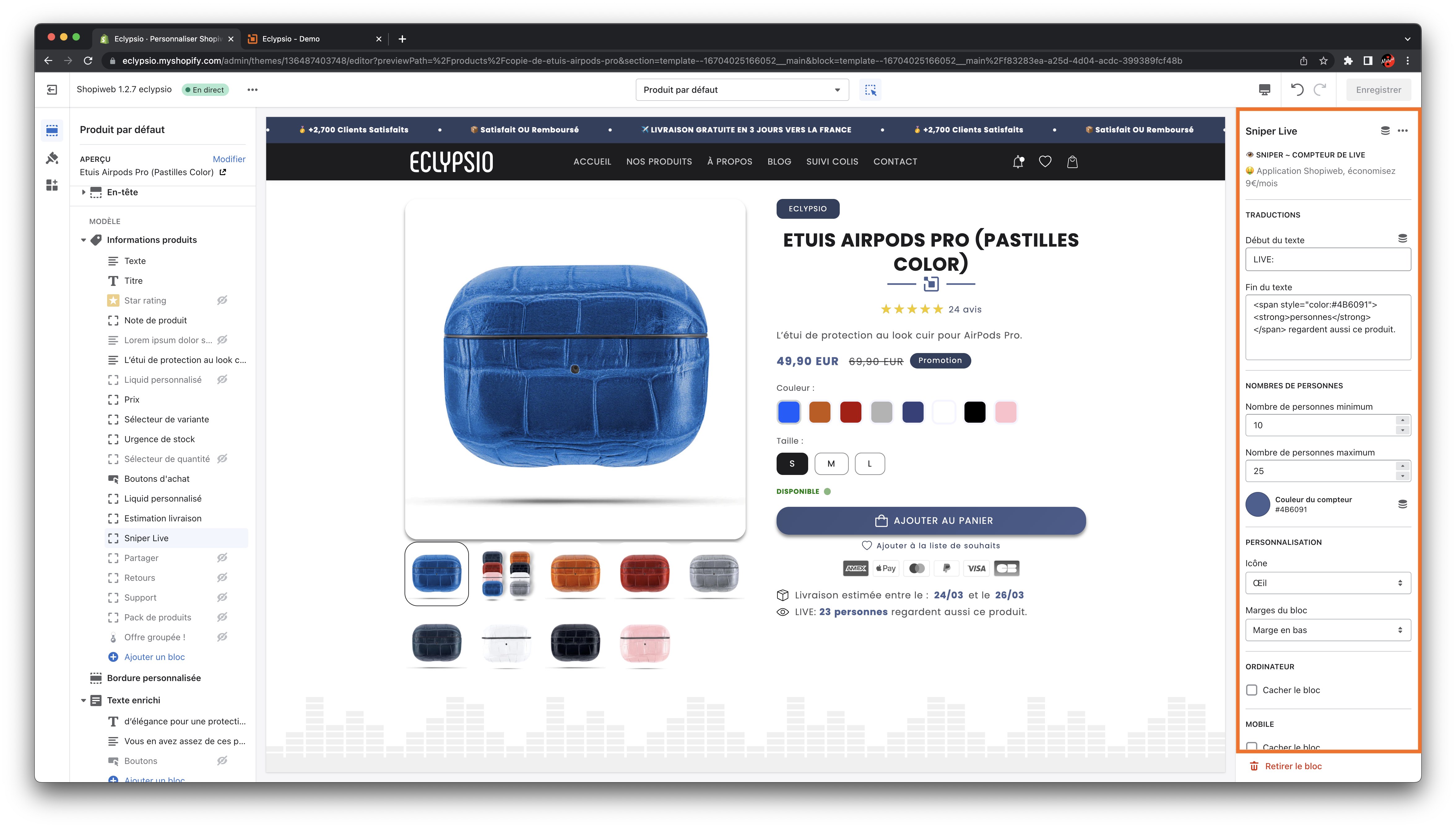 Capture d'écran des options de personnalisation et de réglages de la fonction sniper live inclus avec le thème français SHOPIWEB
