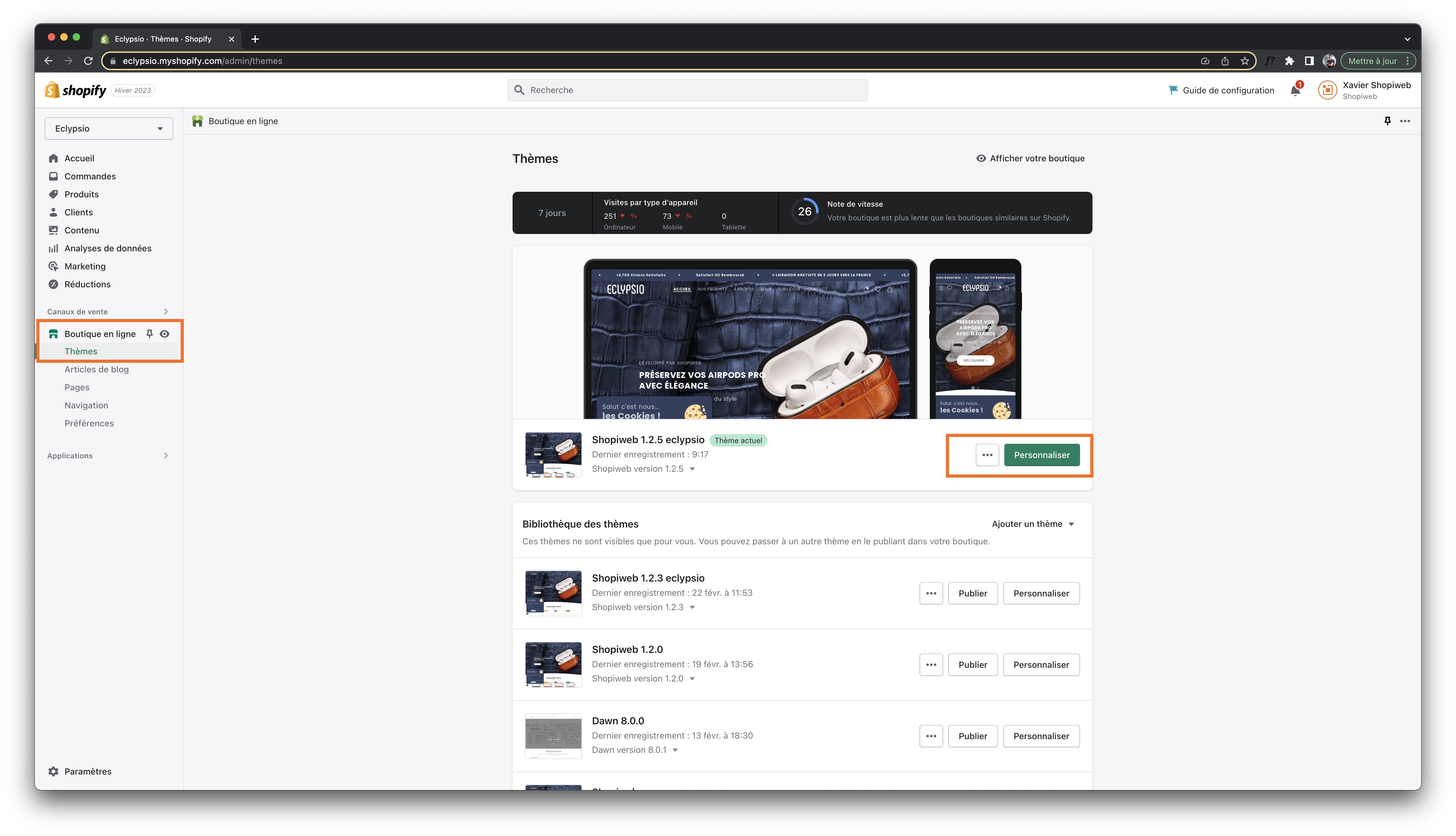 Capture d'écran de l'étape 1 pour activer la flèche de retour en haut depuis le thème SHOPIWEB