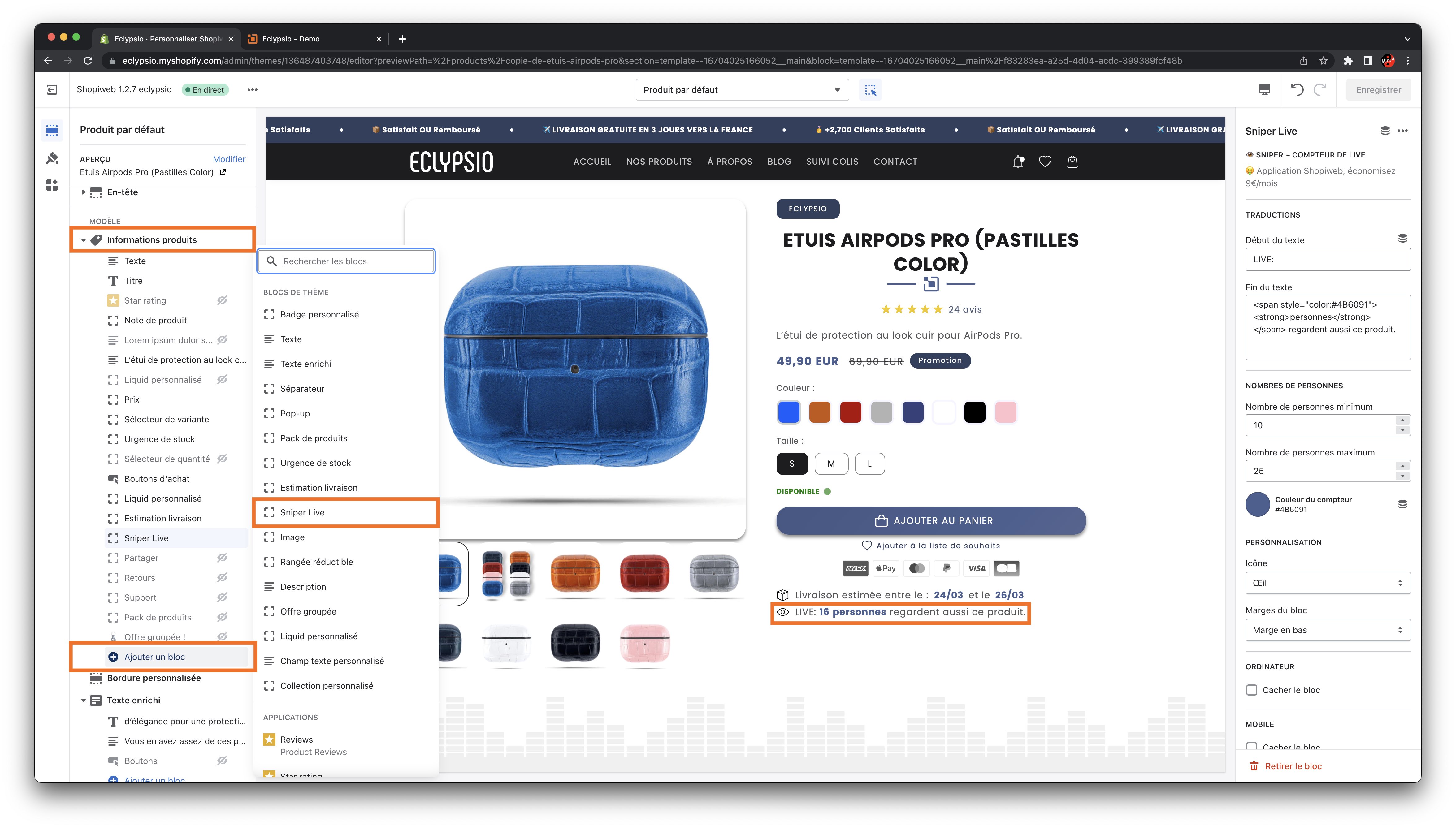 Capture d'écran de l'interface de personnalisation du thème SHOPIWEB pour ajouter un block sniper live dans la section informations produit