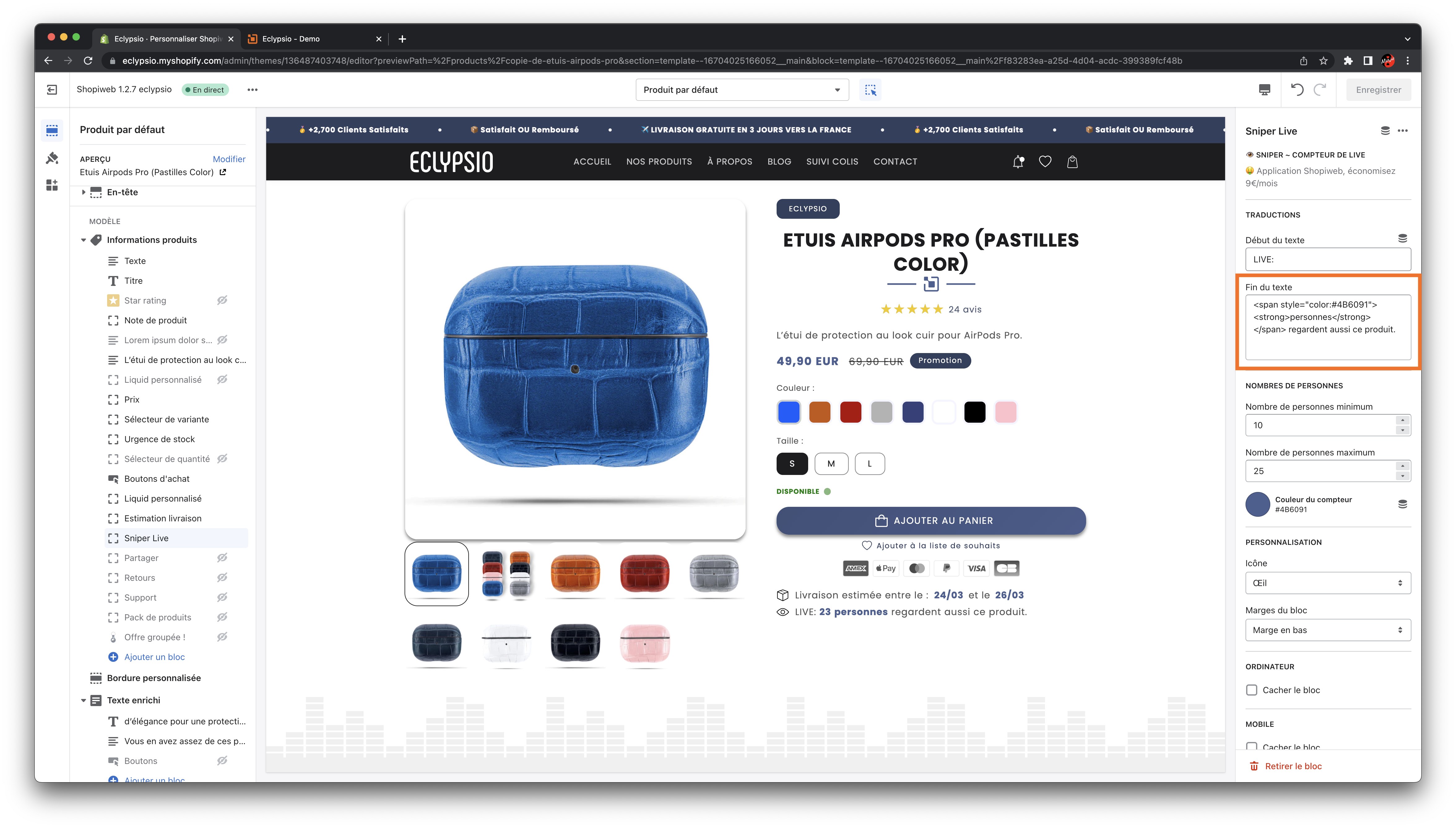 Capture d'écran du champs FIN DU TEXTE de la zone de réglage de l'application shopify SNIPER LIVE inclus avec le thème SHOPIWEB